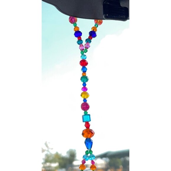 Beaded Suncatcher Rearview Mirror Ornament Colorful Red Crystal Prism Car Charm - Picture 4 of 9